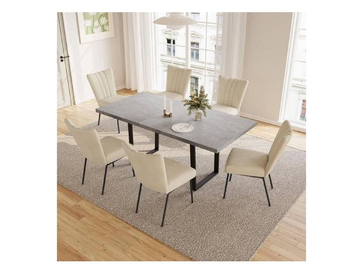 LuxusKollektion Esstisch Essgruppe 130-170cm Tisch + Stühle 1 Tisch und 6 Beige Stühle (1-St)