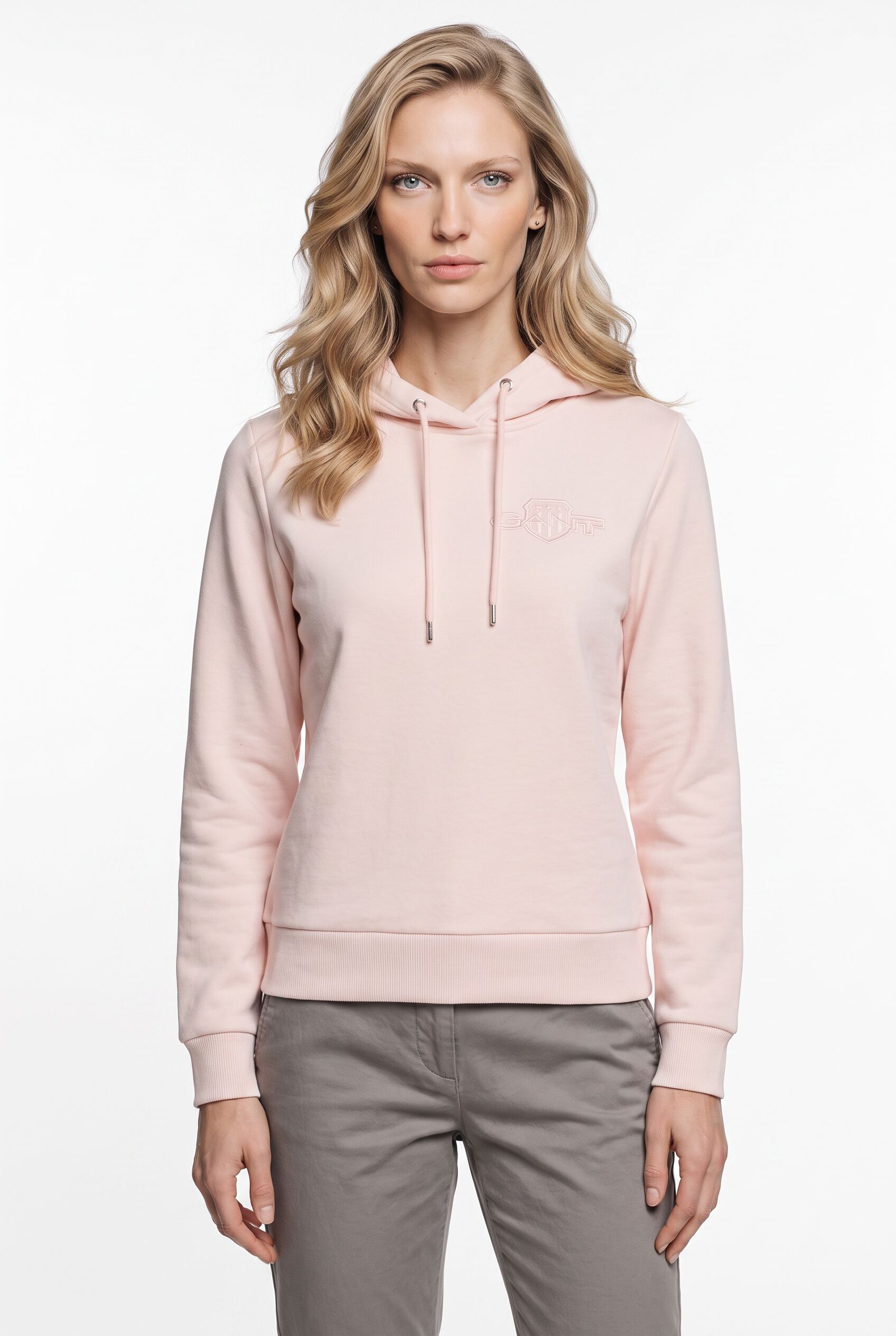 Hoodie GANT "REG TONAL SHIELD HOODIE", Damen, Gr. L, rosa (refined pink), Sweatware, Obermaterial: 78% Baumwolle, 22% Polyester, regular fit hüftlang, Rippbündchen, Sweatshirts Hoodie, Ton in Ton Stickerei, Rippbündchen refined pink L