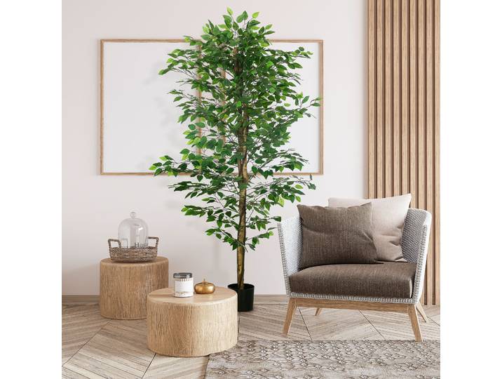 HOMCOM Plante artificielle ficus hauteur 1,80 m tronc branches liane lichen feuilles grand réalisme pot inclus vert