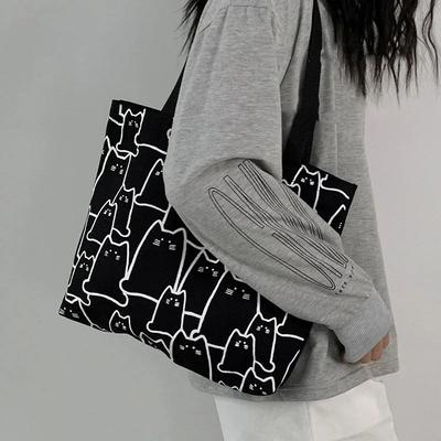 Inspire Select Cute Cat Canvas Tote Bag, Japanese Cartoon Shoulder Shopper Handbag For Women With Zipper black
