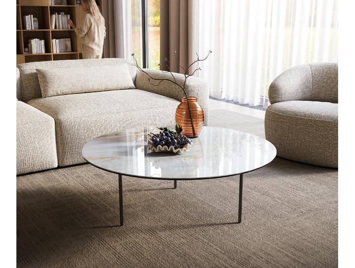 DELIFE Couchtisch Edge Rund 100x100 cm Keramik Onyx Pearl Trive Metall Schwarz