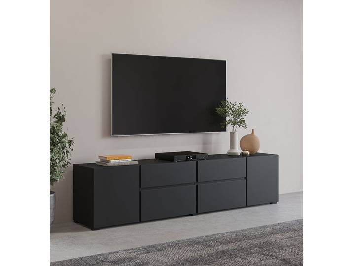 Lowboard GOODPRODUCT Metric,Breite 195cm, grifflose Lowboard 2Klappen/2Schubkästen/2Tür , schwarz, B:195cm H:48,2cm T:40cm, Sideboards, Lowboard, TV-Schrank mit viel Stauraum, TV-Board