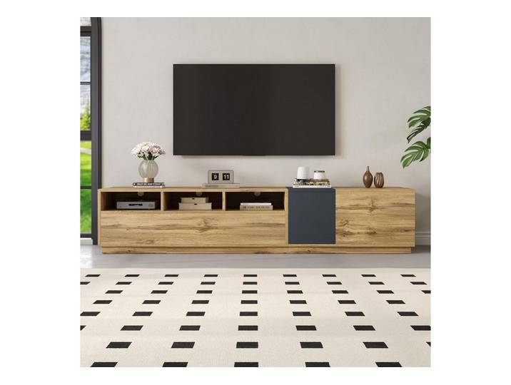 LuxusKollektion TV-Board Lowboard TV offene Fächer Schwarz und Naturfarbe(200x45x45cm) (1 St)