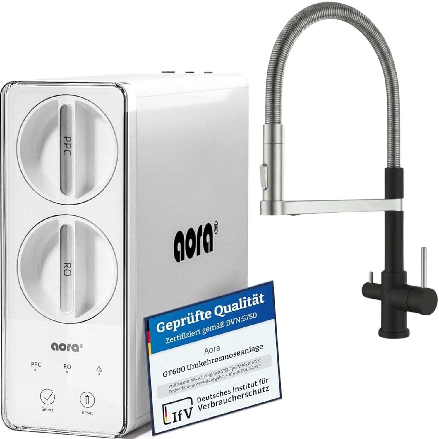 AORA GT600 Umkehrosmoseanlage Untertisch - 8-Stufen-Filtration, 3-Wege-Armatur, Trinkwasserfilter tanklos, Osmoseanlage, RO + STATEMENT Schwarz
