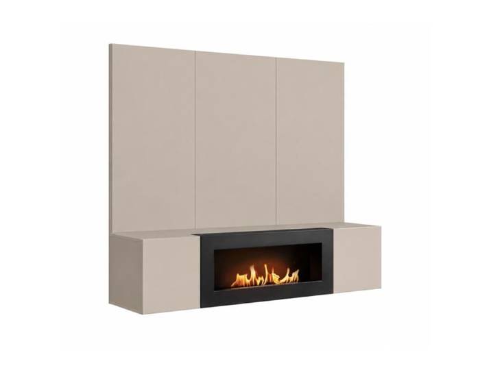 Ensemble meuble TV mural Fly B-K avec cheminée bioéthanol - Bois MDF cachemire - 160 x 158 x 40 cm