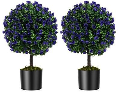 Costway 22 Inch Set of 2 Artificial Purple Rose Topiary Ball Trees with Cement-Filled Pot-Purple