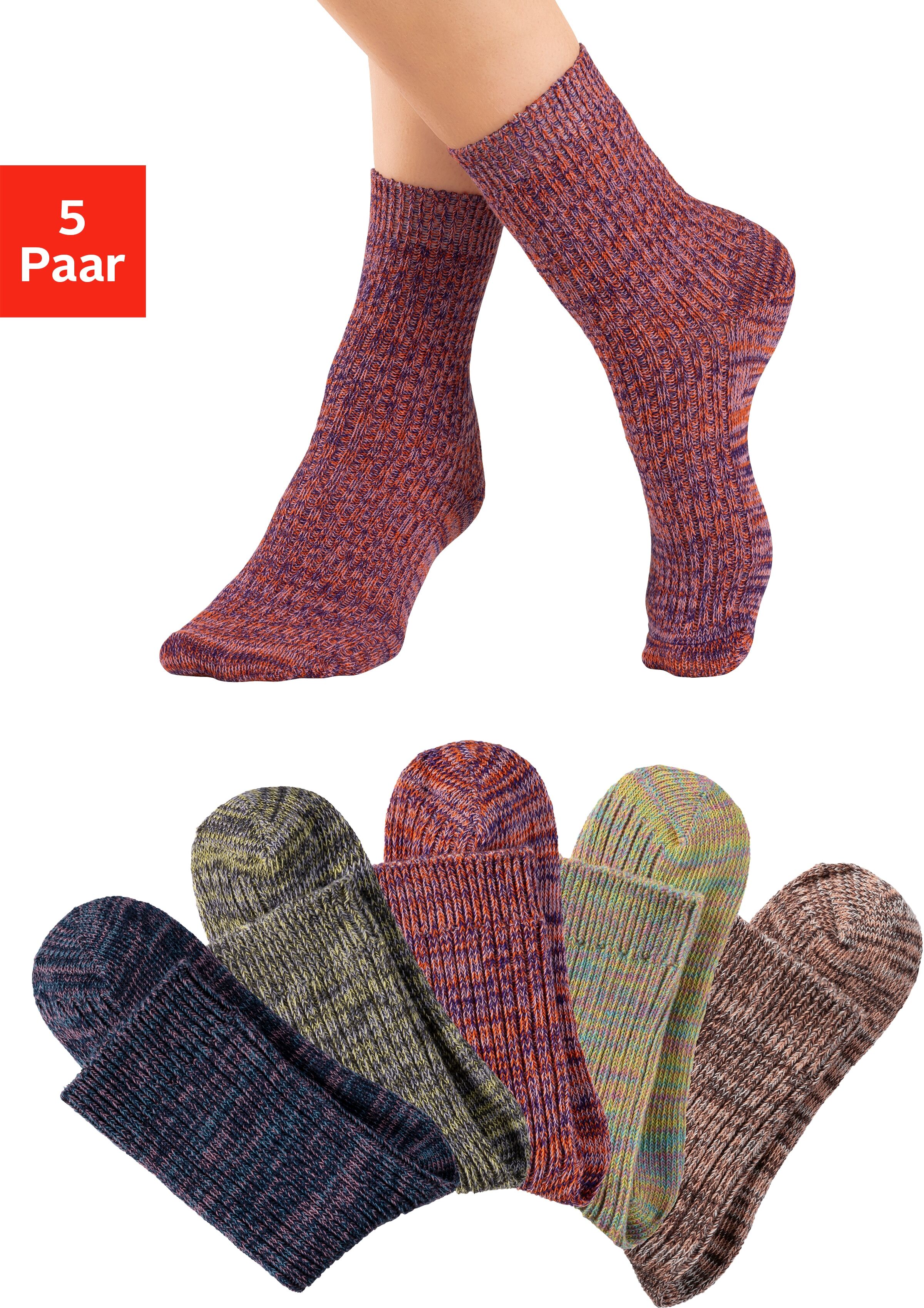 Socken LASCANA, Damen, Gr. 39/42, bunt (1x gelb, bunt, 1x grün, bunt, 1x rot, bunt, 1x blau, bunt, 1x hellbraun, bunt), Baumwollmischung, mehrfarbig, Socken Socken, gestrickt mit farbigen Garnen 1x gelb, bunt, 1x grün, bunt, 1x rot, bunt, 1x blau, bunt, 1