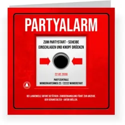 Einladungskarten zum Geburtstag in Rot mit eigenen Fotos gestalten im Design "Einladungskarte Geburtstag: Einladung Geburtstag Partyalarm mit Foto in Rot" - Musterkarte - Karten einfach online bei...