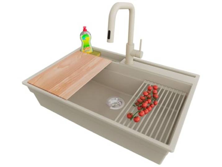 PRIMAGRAN Granitspüle ab 80er Unterschrank + Küchenarmatur, 78x53cm Set: Küchenarmatur BW9070 + Ablauf-Set + Spülbecken 1 Becken - Oslo Pocket Multilevel, Beige