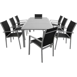 Garnitur PISA 9-teilig, Aluminium silbergrau + Glas + Kunstgewebe schwarz