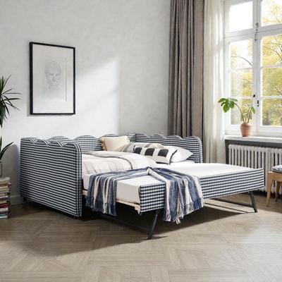Fundinbaths Full Size Gingham Daybed with Twin Trundle, Linen Sofa Bed with USB Port and Wave Shaped Design