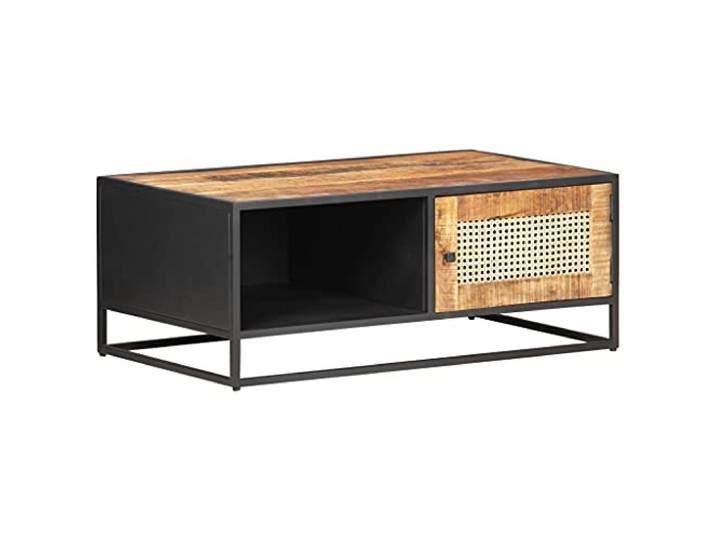 GHVBNMF Couchtisch Massivholz Mangoholz mit Wiener Geflecht 90x50x35 cm Rustikaler Wohnzimmertisch aus echtem Mangoholz und Eisenrahmen mit Tür aus Wiener Geflecht, fertig montiert geliefert.