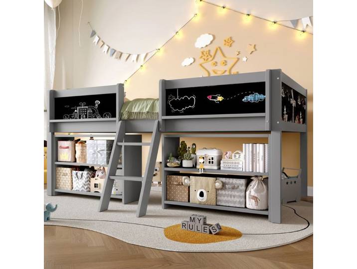 Lit mi-hauteur enfant gris 90x200cm - barrières sécurité échelle rangements ardoise sans matelas