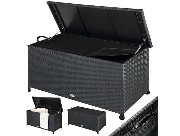 CASARIA Coffre de jardin XXL Noir Malle de rangement\, 270 L\, en Polyrotin\, à roulettes\, Vérin à Gaz\, Etanche\, 117x53x60 cm\, pour Jardin\, Balcon ou Terrasse