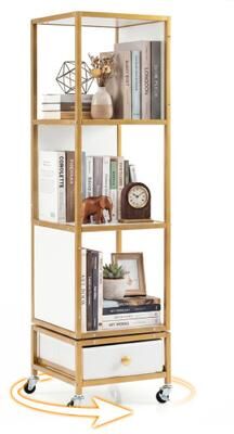 Costway 4-Tier Rotating Bookshelf on Wheels with Removable Drawer-White