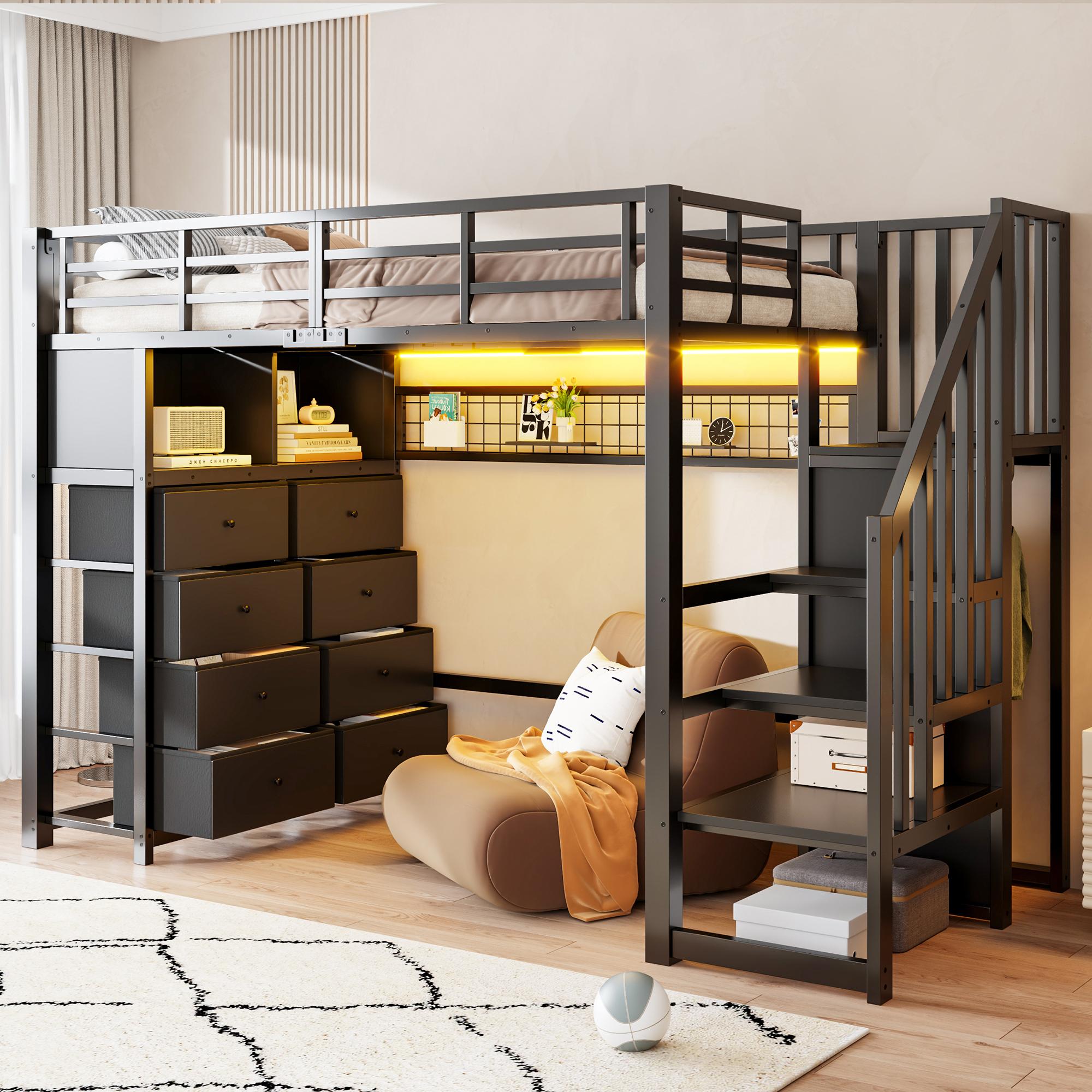Metall-Hochbett 90x200 cm mit 8 Stoffschubladen, Stauraumtreppe, Kleiderschrank, 2 Regalen, Lochwand, LED-Beleuchtung, Schwarz
