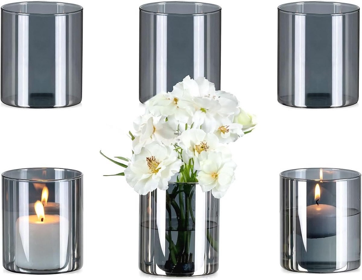 Set van 3 grijze cilindervazen van glas voor jouw woonkamer en decoratie