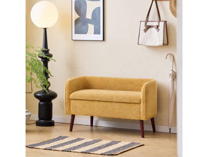 Banc coffre en bois et tissu jaune moutarde