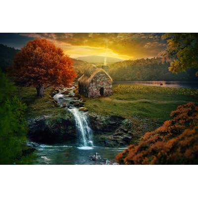 Fototapete PAPERMOON "NATUR-IDYLLE-RUHIG BERGE WASSERFALL FLUSS BACH HERBST", bunt, B:3,5m L:2,6m, Vlies, Tapeten