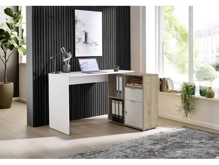 BMG Möbel Eckschreibtisch Leni, Homeoffice Schreibtisch (Weiß/Jackson Hickory Oak)