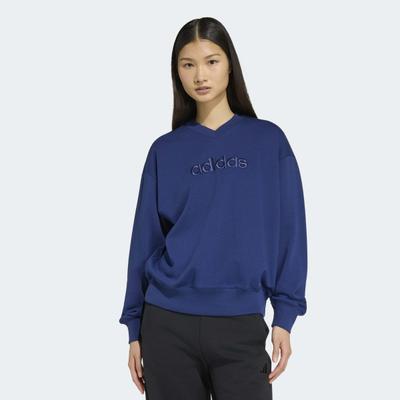 Sweatshirt ADIDAS SPORTSWEAR "SEASONAL ESSENTIALS SATIN-, V-AUSSCHNITT", Damen, Gr. XS, blau (dunkelblau), Obermaterial: 55% Baumwolle, 36% Polyester, 9% Viskose, normal, V-Ausschnitt, angesetztes Bündchen, Sweatshirts Sweatshirt, mit V-Ausschnitt,...