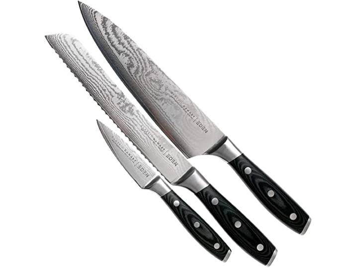 Eden Classic Damast 3-teiliges Messerset EQ2030-S02 Messerset inklusive Kochmesser, Officemesser und Brotmesser, Damaststahl