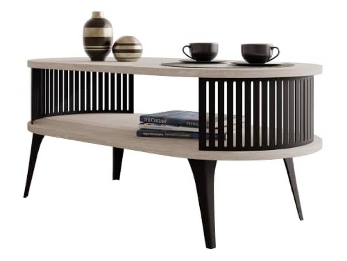Mirjan24 Couchtisch Rajkon, ovale Form (Travertin, Schwarz) Moderner Wohnzimmertisch mit praktischer Ablage, pulverbeschichtetem Stahlgestell und pflegeleichter Oberfläche