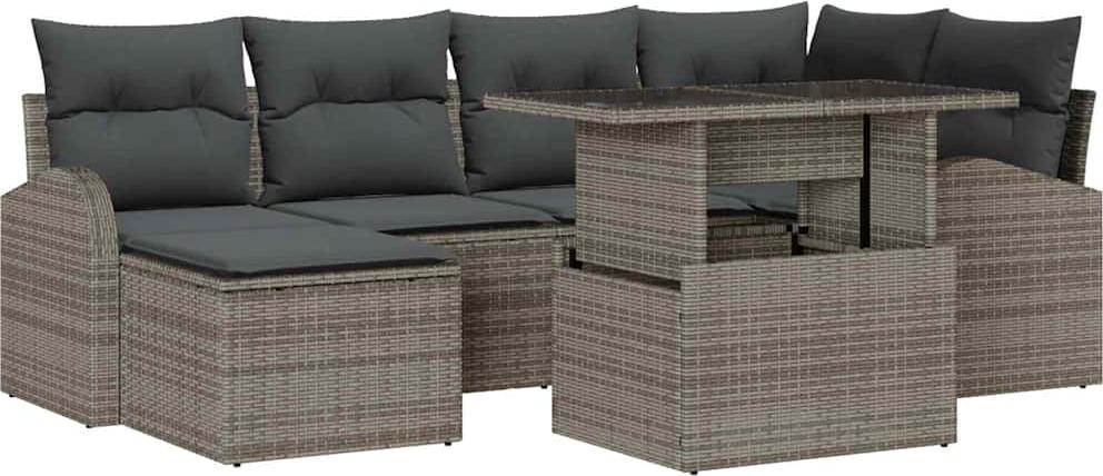 Modulares Garten-Sofaset, Grau, für Terrasse & Garten, aus Poly-Rattan, UV-beständig, mit pulverbeschichtetem Stahlrahmen, 5 Sitzplätze, 7-teilig