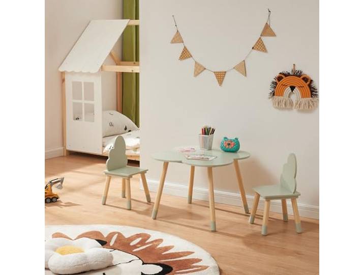 [en.casa] Kindertisch mit 2 Stühlen Epim Kinderstühle mit Rückenlehne Kindersitzgruppe Kindermöbel Wolkendesign Spieltisch Maltisch Holz Mintgrün