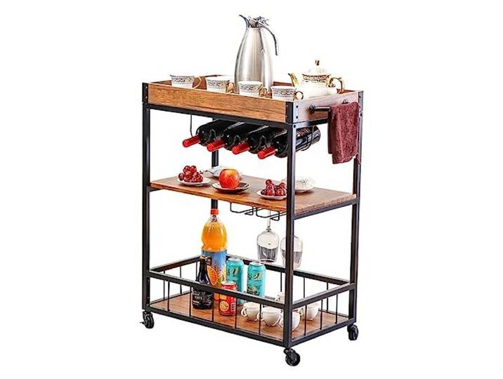 DFHetFH Rollwagen 3-stufiger Speisewagen Aus Metall, Multifunktionaler Rollwagen, Aufbewahrungswagen Für Die Küche Holz Für Zuhause, Lagerregal Küchenwagen