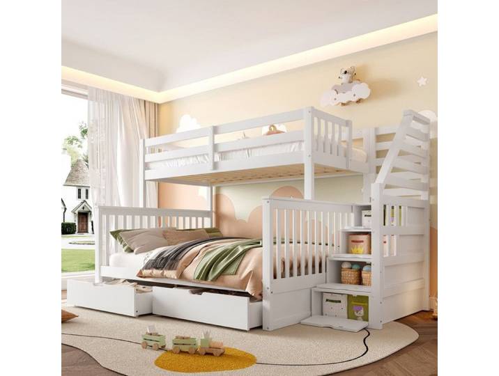 Lit superposé 90x200 & 140x200 cm avec escalier rangement + tiroirs. Sécurité renforcée avec barrières enfants. Blanc.