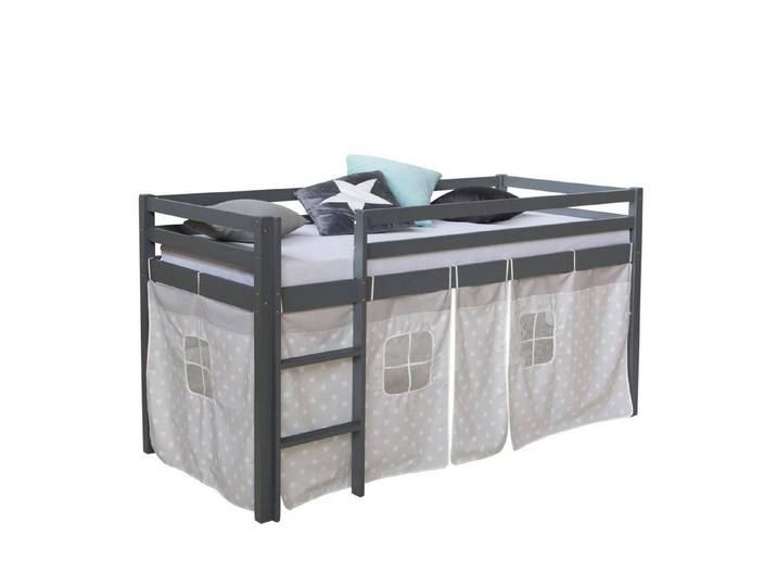 Homestyle4u Hochbett Kinder 90x200 cm Grau mit Vorhang Sterne Holz Kinderbett Junge (Spar-Set, mit Lattenrost, Jungen Mädchen)
