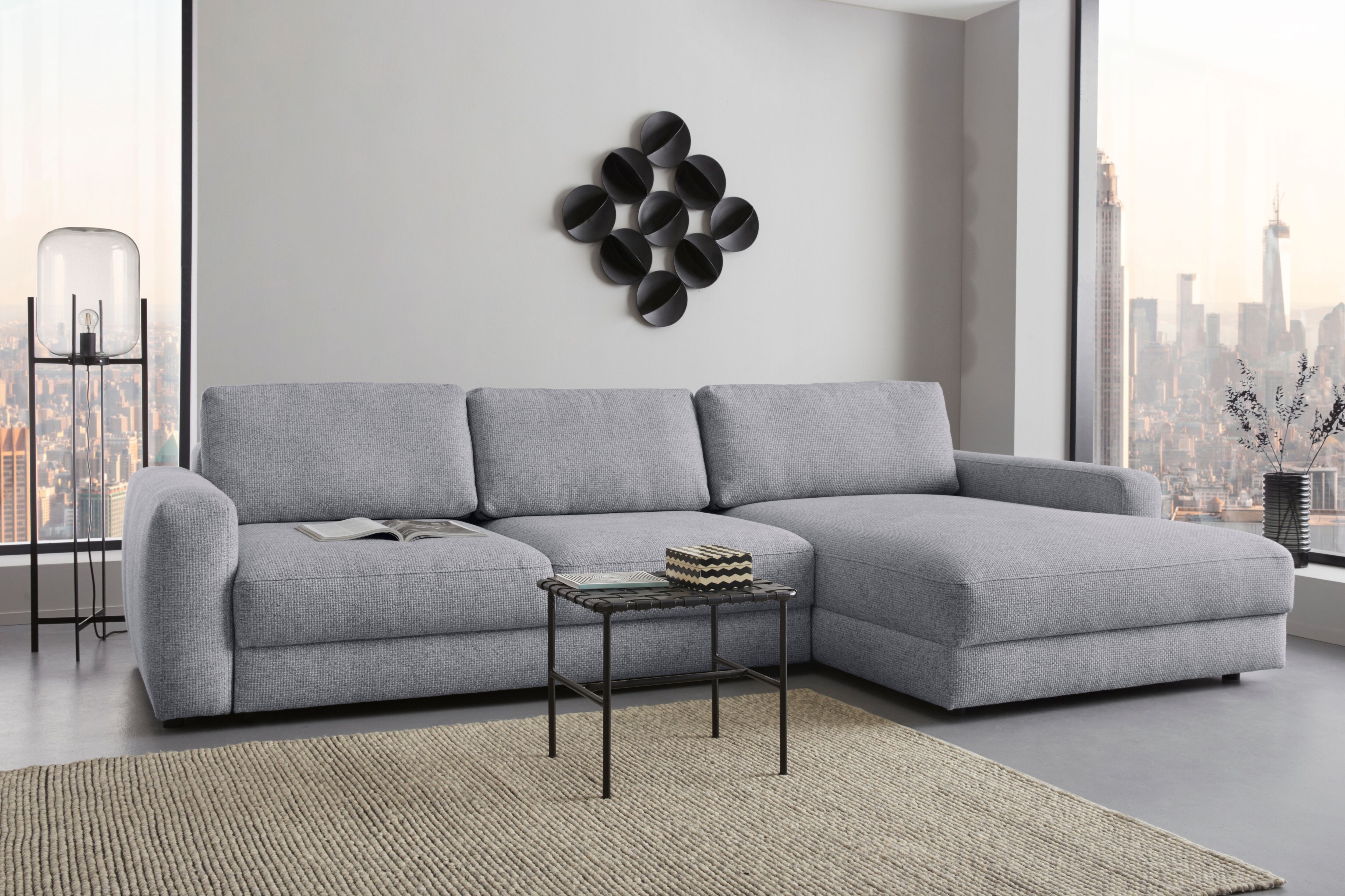 Ecksofa HOME AFFAIRE "Bloomfield, bequem und elegant, Breite 303cm, L-Form", grau (antarctica), B:303cm H:84cm T:176cm, 100% Polyester, Sofas, Ecksofa, wahlweise mit Bettfunktion und Bettkasten, Unser Dauertiefpreis antarctica B/H/T: 303cm x 84cm x 176cm,