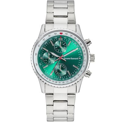 Multifunktionsuhr BRUNO BANANI "Clubbing", grün (silberfarben, grün), Armbanduhren, Herren, Quarzuhr, Armbanduhr, Herrenuhr, Edelstahlarmband, analog, Tag
