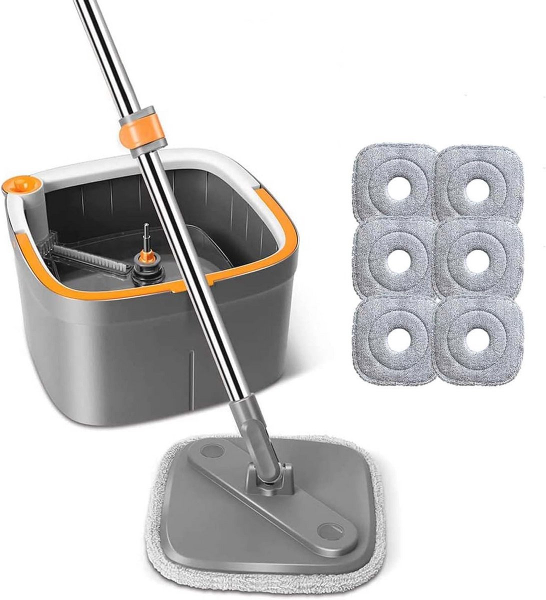 Vloerwisser Dweilset met Emmer en 6 Microvezel Dweilpads – Zelfuitwringend en 360 Graden Draaiend