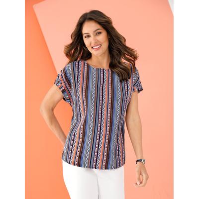 Schlupfbluse CLASSIC BASICS, Damen, Gr. 38, bunt (aqua, orange, gestreift), 100% Polyester, ethno, gemustert, mehrfarbig, Rundhals, Blusen Schlupfbluse