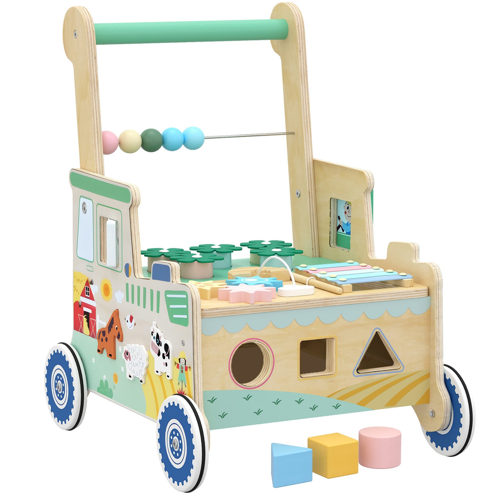 AIYAPLAY Baby Loopwagen met Wielen, Blokken en Opbergruimte, Montessori Activiteitencentrum, Groen