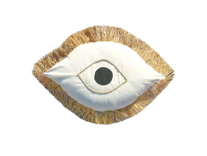 Pouf oeil extérieur déhoussable blanc à frange