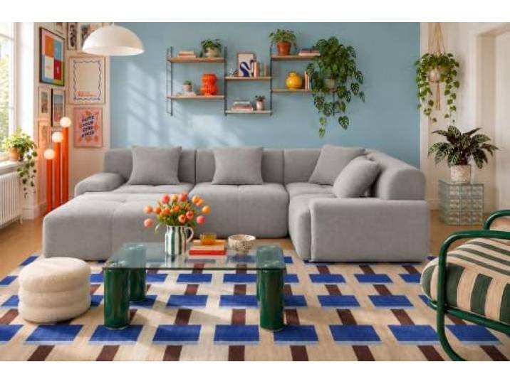 MILYsofa Modulares Ecksofa 4-Sitzer mit Ottomane, Chenille-Bezug Mineralgrau, Abnehmbare Kissenbezüge (Mineralgrau, 4-Sitzer mit Ottomane)