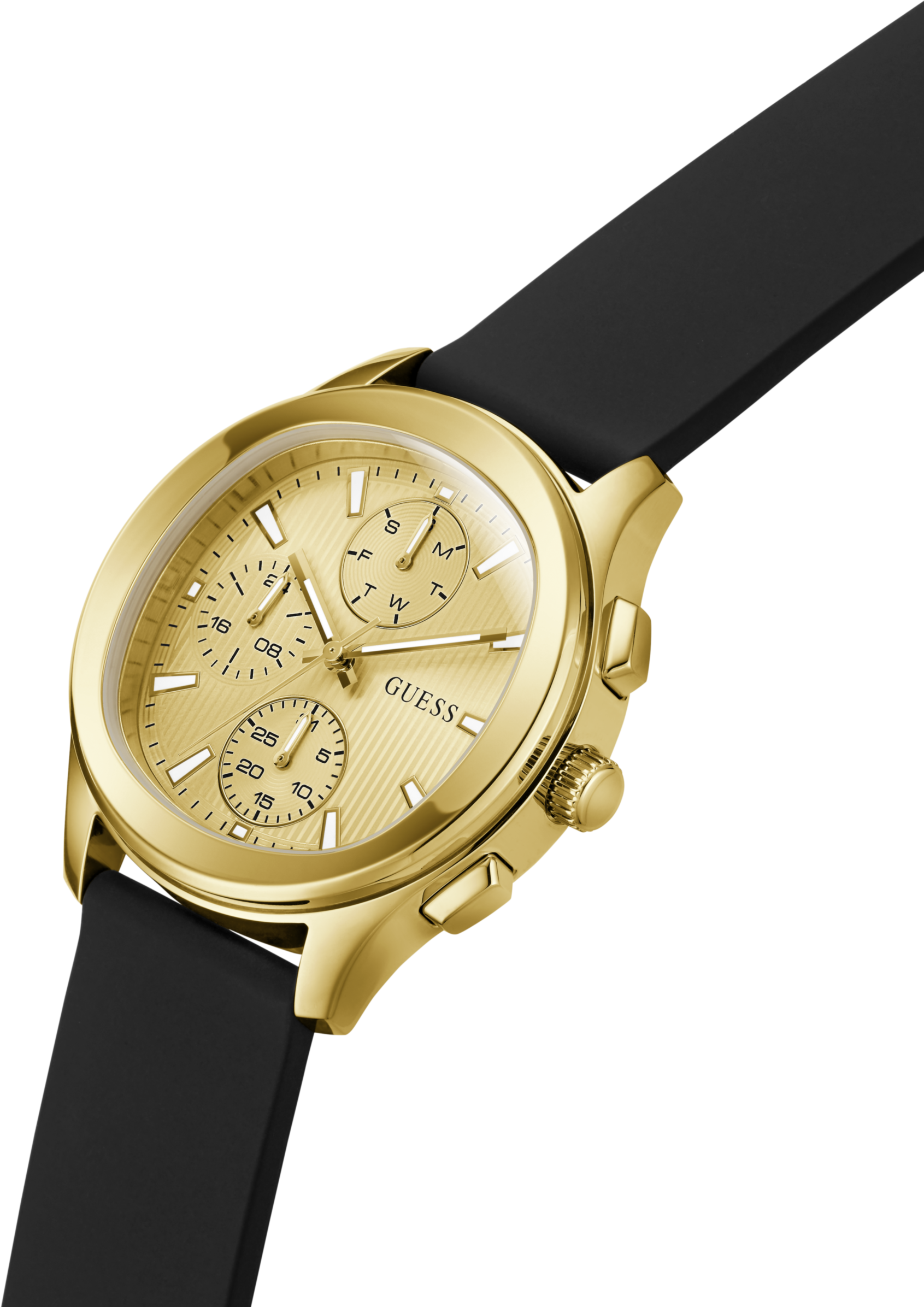 Multifunktionsuhr GUESS "PALMER", gold (schwarz, champagnerfarben), Armbanduhren, Herren, goldfarben, Multifunktionsuhr, Quarzuhr, Armbanduhr, Herrenuhr, Silikonarmband, analog, Wochentag