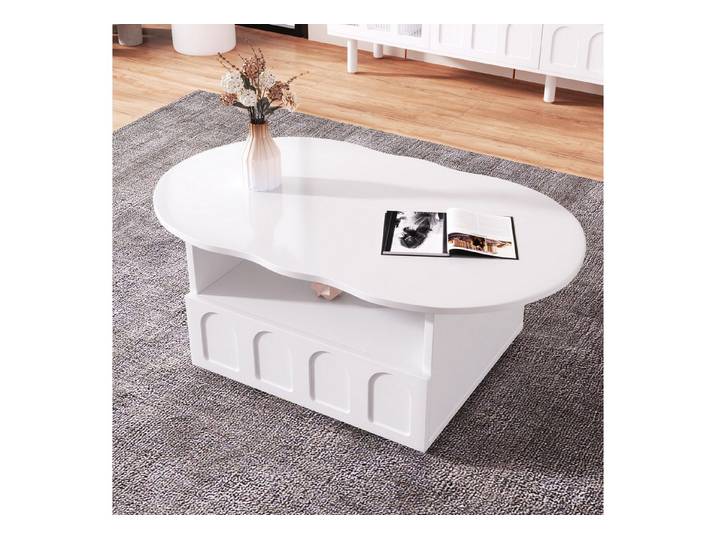 IDEASY Couchtisch Wolkenförmiger Couchtisch, mit Schublade, Couchtisch Weiß, Bodenschutz, Geschwungene gemusterte Schubladen, offene Mittelablage, 100x39,2x60cm