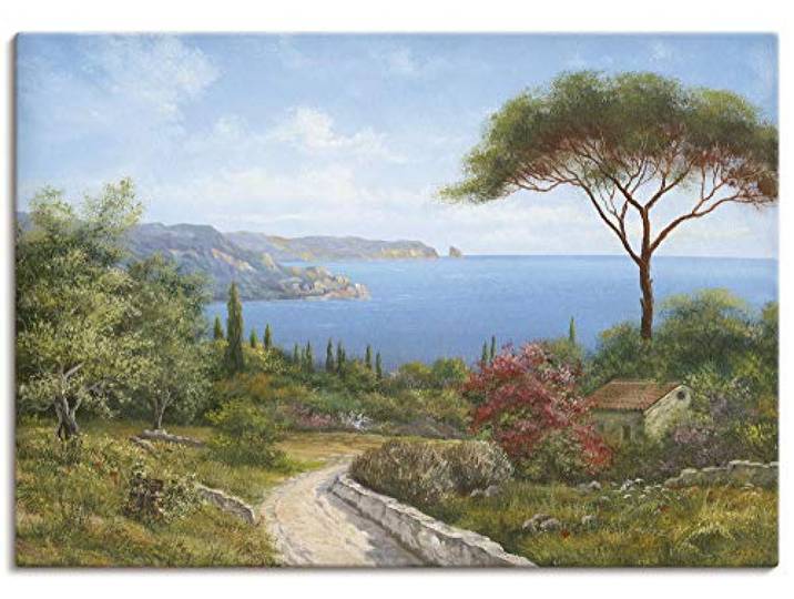 ARTLAND Wanddeko Leinwand Bilder Wandbild 100x70 cm Landschaft Toskana Meer Küste Natur Wald Baum Himmel Malerei T4DL