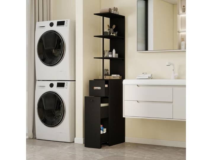 Colonne de Salle de Bain - Armoire Salle de Bain Haut - PULUOMIS - Étagère et Tiroirs Réglable - Noir