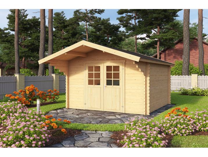 Gartenhaus NORDIC HOLZ Viljandi 34 , beige (naturbelassen), ohne Fußboden, ohne Dacheindeckung, Massivholz, Gartenhäuser, Gartenhaus, großes Vordach