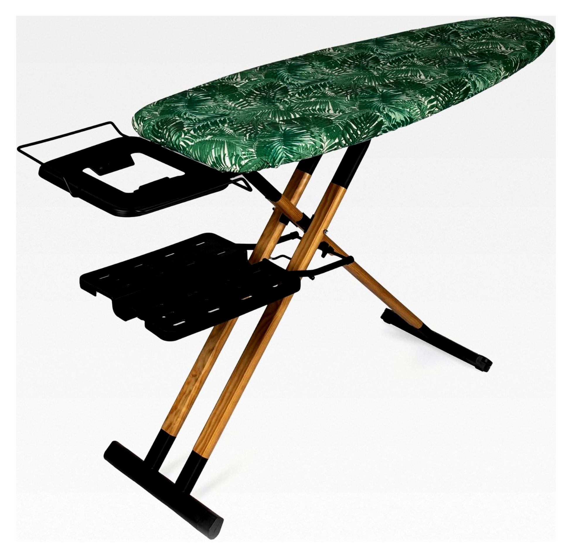 GoldWoodVIP Bügelbrett - 130 x 47 cm XXL, Naturholz und Aluminium, Höhenverstellbar bis 98 cm, Stabil, Leicht und Robust, Mit Rollen, Platz für Dampfbügeleisen und Wäscheleine, Elegant