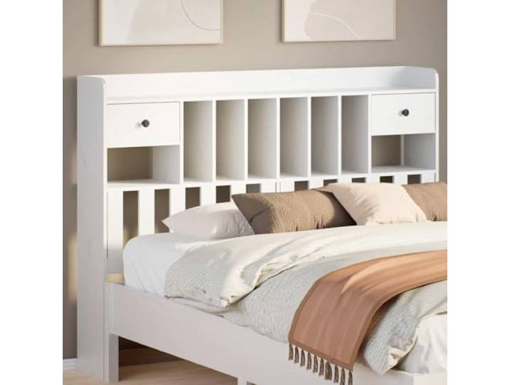 Bettbett mit Einlegeböden, freistehend, aus massivem Kiefernholz, weiß, 150 cm, 6 Fächern und 2 Schubladen