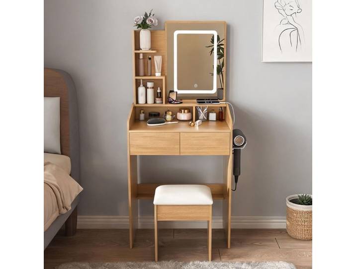 Coiffeuse compacte avec miroir LED ton bois naturel pour petite chambre 60x36x130 cm