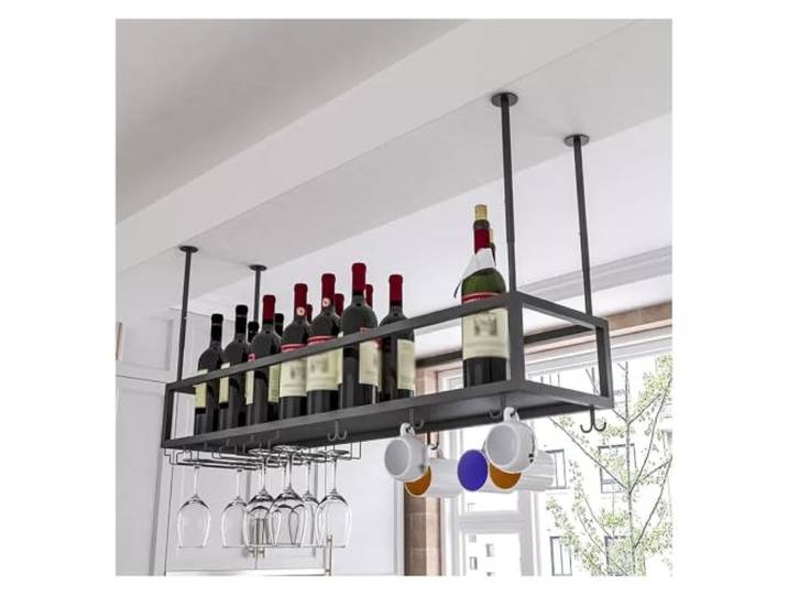 Failjierue Hängender Weinflaschenhalter für die Deckenmontage in der Küche 2-in-1-Weinglasregal für Becher und Kelche, verstellbare Aufhängehöhe 30–60 cm, Metall-Weinregal(Black,60x25cm)