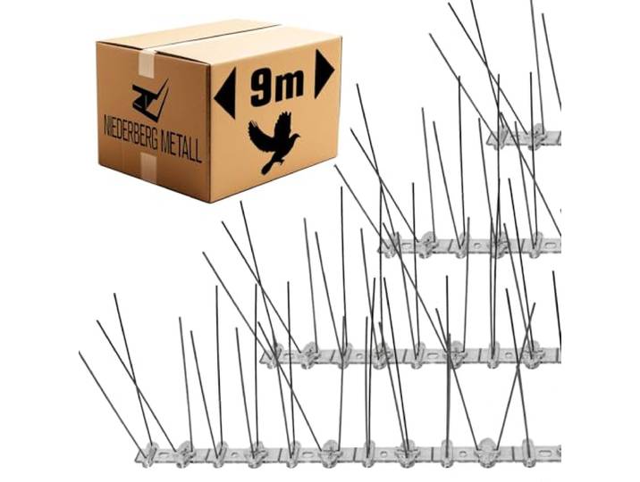 Niederberg Metall Taubenabwehr Spikes - 9 Meter Kunststoff Tauben Abwehrleiste mit 180 Vogel Abwehr Spikes - Taubenabwehr Balkon Vogelabwehr für Dachbalken - Vogelschutz Dach Solaranlage Photovoltaik