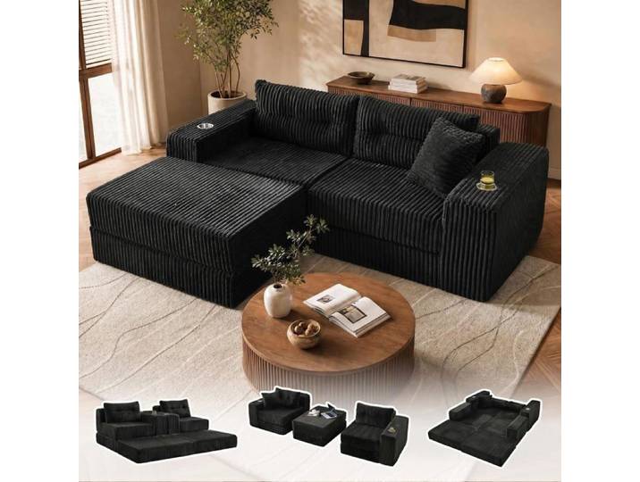Ensemble canapé-lit convertible + fauteuil en velours côtelé gris foncé